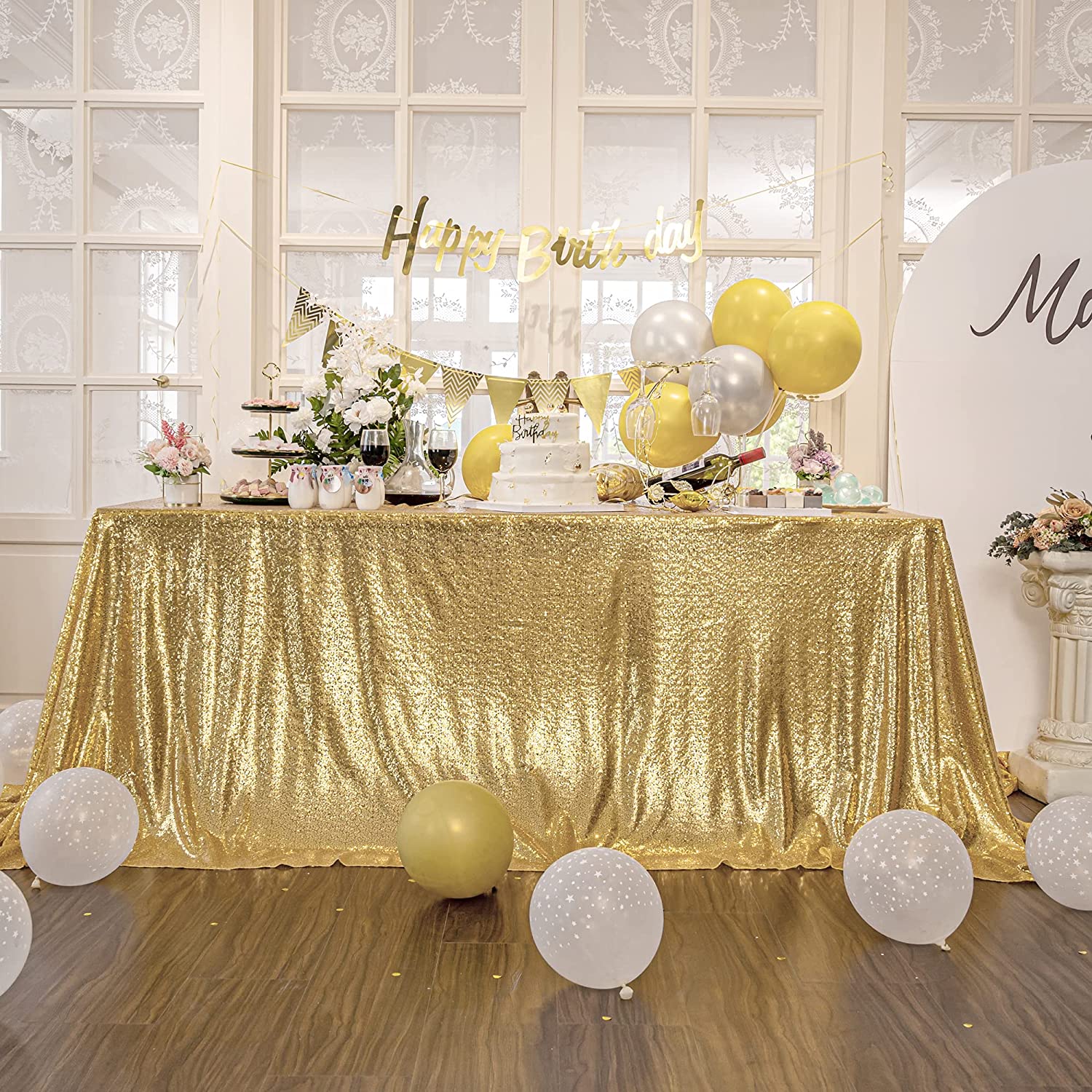 Gold Sequin Tablecloth - Shiny Table Overlay, Backdrop