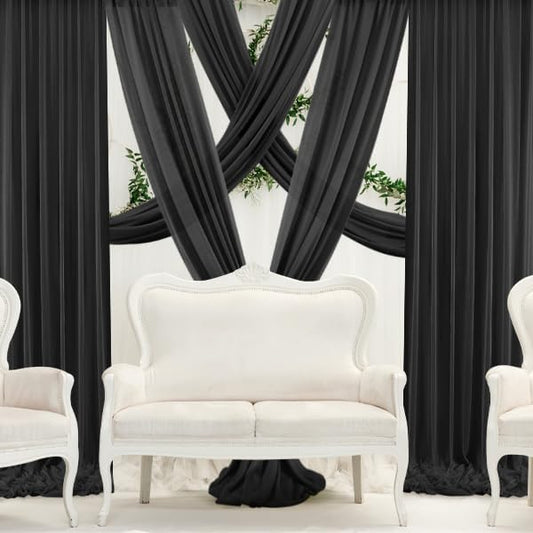 Backdrop Chiffon Curtains 20' x 30' Ft - BLACK - 6 Panels Chiffon Backdrop Curtain Sheer Curtains Wedding Arch Draping Fabric for Party