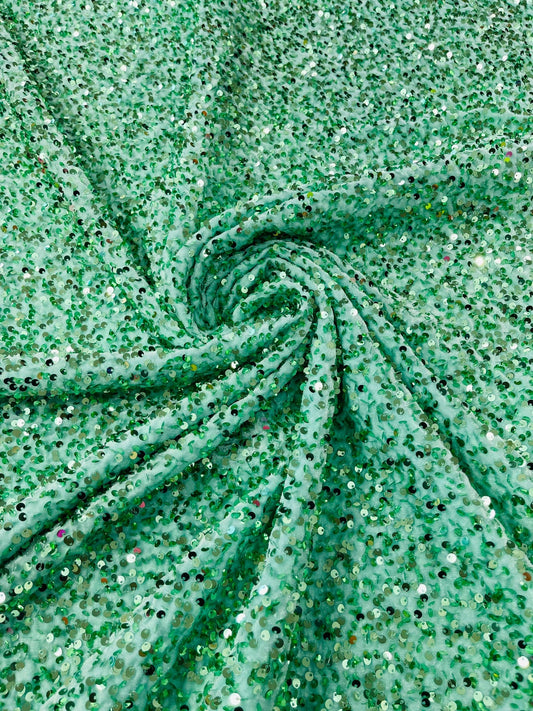 SEQUIN VELVET - Sequins on a Stretch Velvet 2-Way Stretch Sold By The Yard. MINT  - For Fashion Dress Evening Dress Prom Quinceanera