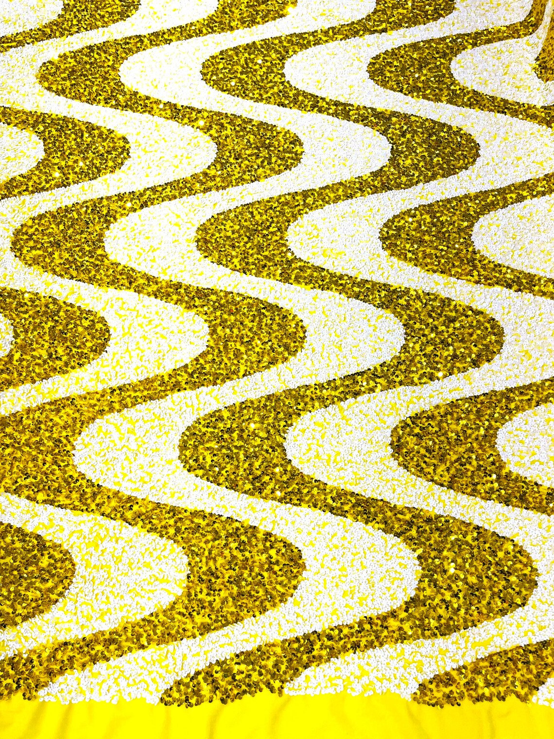 WAVE SEQUIN VELVET - Wave Design  Stretch Velvet All Over 5mm Shining Sequins 2 Way Stretch- YELLOW//WHITE- Sold By The Yard.- For Fashion Dress Evening Dress Prom Quinceanera