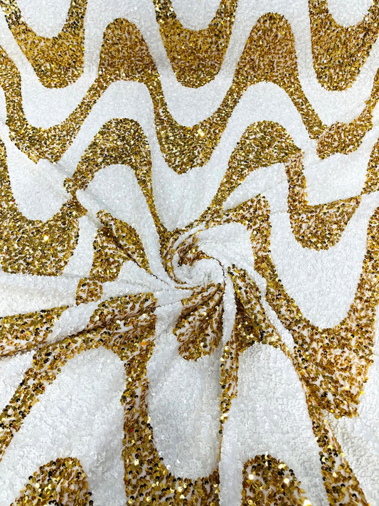 WAVE SEQUIN VELVET - Wave Design  Stretch Velvet All Over 5mm Shining Sequins 2 Way Stretch- GOLD/WHITE - Sold By The Yard.- For Fashion Dress Evening Dress Prom Quinceanera