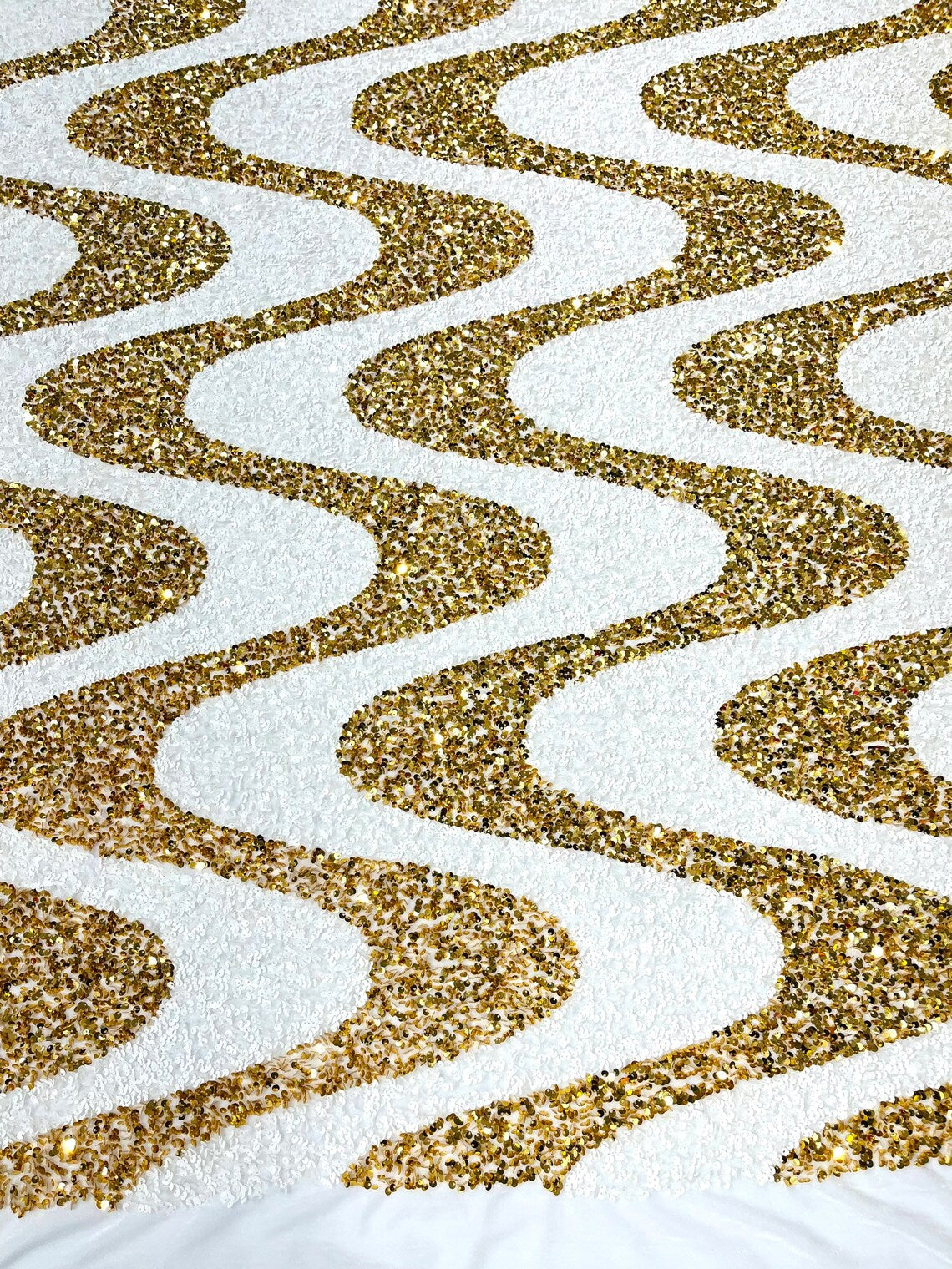 WAVE SEQUIN VELVET - Wave Design  Stretch Velvet All Over 5mm Shining Sequins 2 Way Stretch- GOLD/WHITE - Sold By The Yard.- For Fashion Dress Evening Dress Prom Quinceanera