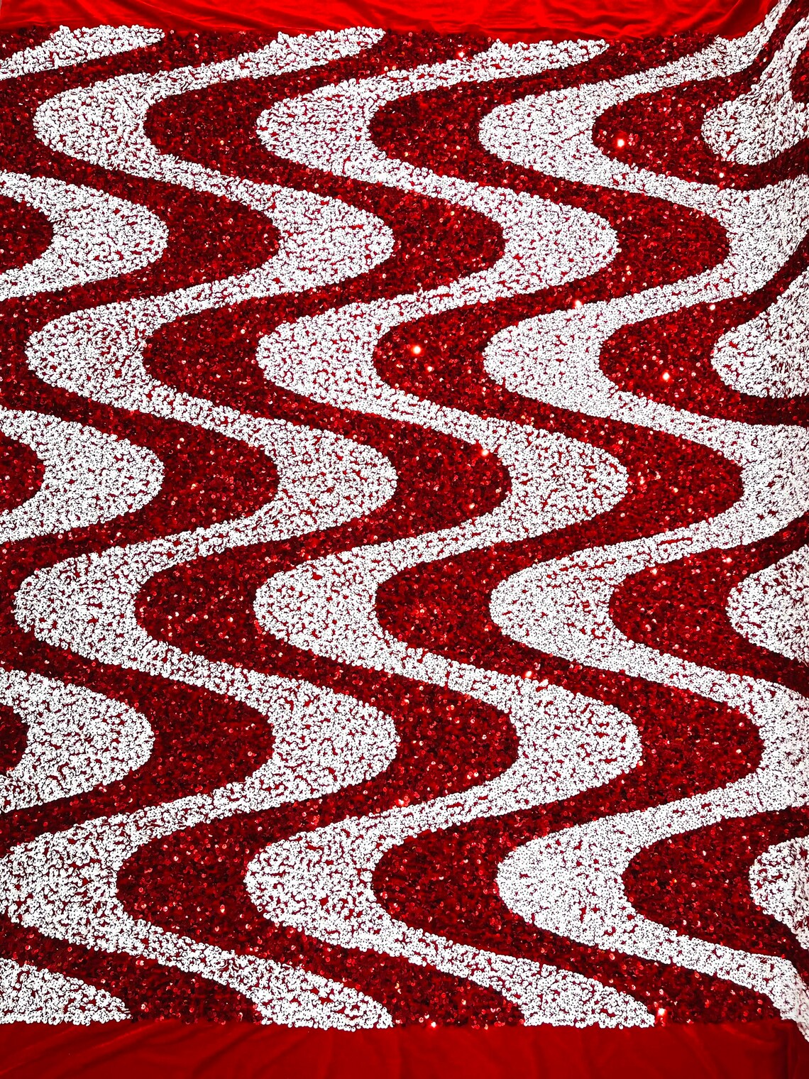 WAVE SEQUIN VELVET - Wave Design  Stretch Velvet All Over 5mm Shining Sequins 2 Way Stretch- RED/WHITE - Sold By The Yard.- For Fashion Dress Evening Dress Prom Quinceanera