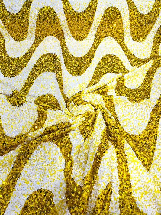 WAVE SEQUIN VELVET - Wave Design  Stretch Velvet All Over 5mm Shining Sequins 2 Way Stretch- YELLOW//WHITE- Sold By The Yard.- For Fashion Dress Evening Dress Prom Quinceanera