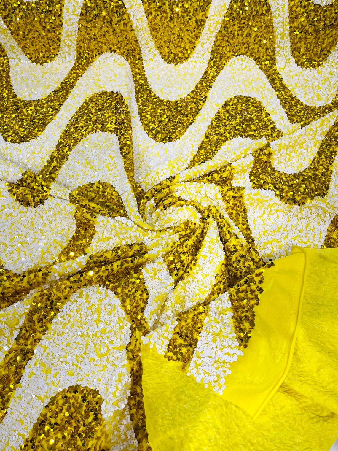 WAVE SEQUIN VELVET - Wave Design  Stretch Velvet All Over 5mm Shining Sequins 2 Way Stretch- YELLOW//WHITE- Sold By The Yard.- For Fashion Dress Evening Dress Prom Quinceanera