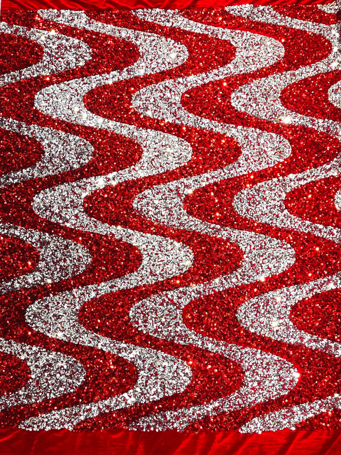 WAVE SEQUIN VELVET - Wave Design  Stretch Velvet All Over 5mm Shining Sequins 2 Way Stretch- RED/SILVER- Sold By The Yard.- For Fashion Dress Evening Dress Prom Quinceanera