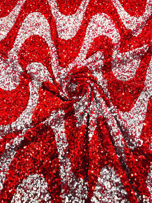 WAVE SEQUIN VELVET - Wave Design  Stretch Velvet All Over 5mm Shining Sequins 2 Way Stretch- RED/SILVER- Sold By The Yard.- For Fashion Dress Evening Dress Prom Quinceanera