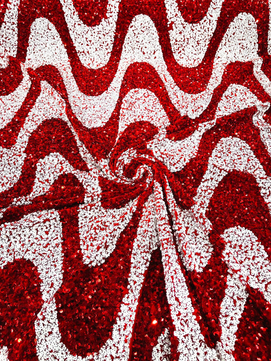 WAVE SEQUIN VELVET - Wave Design  Stretch Velvet All Over 5mm Shining Sequins 2 Way Stretch- RED/WHITE - Sold By The Yard.- For Fashion Dress Evening Dress Prom Quinceanera