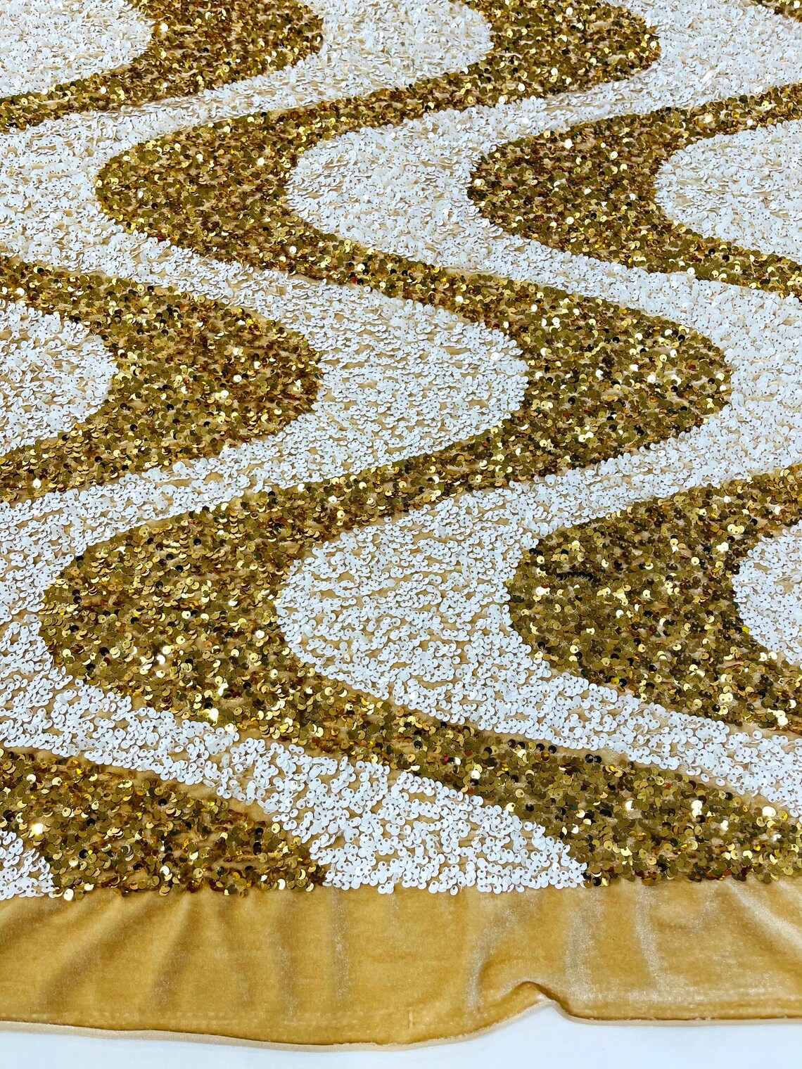 WAVE SEQUIN VELVET - Wave Design  Stretch Velvet All Over 5mm Shining Sequins 2 Way Stretch- GOLD/WHITE - Sold By The Yard.- For Fashion Dress Evening Dress Prom Quinceanera