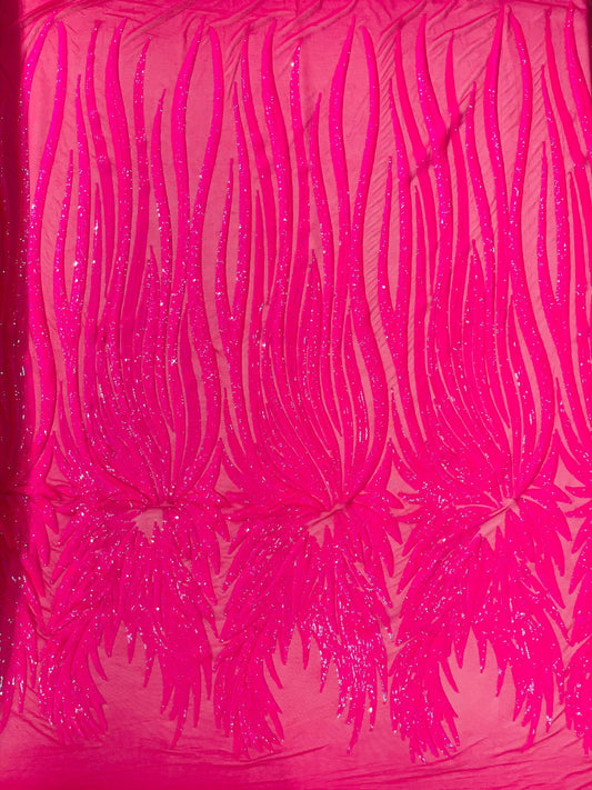 PEACOCK FEATHERS - Peacock Feathers - HOTPINK - Fashion Design with Sequins Embroider on a 4 Way Stretch Mesh Fabric-Sold by The Yard.