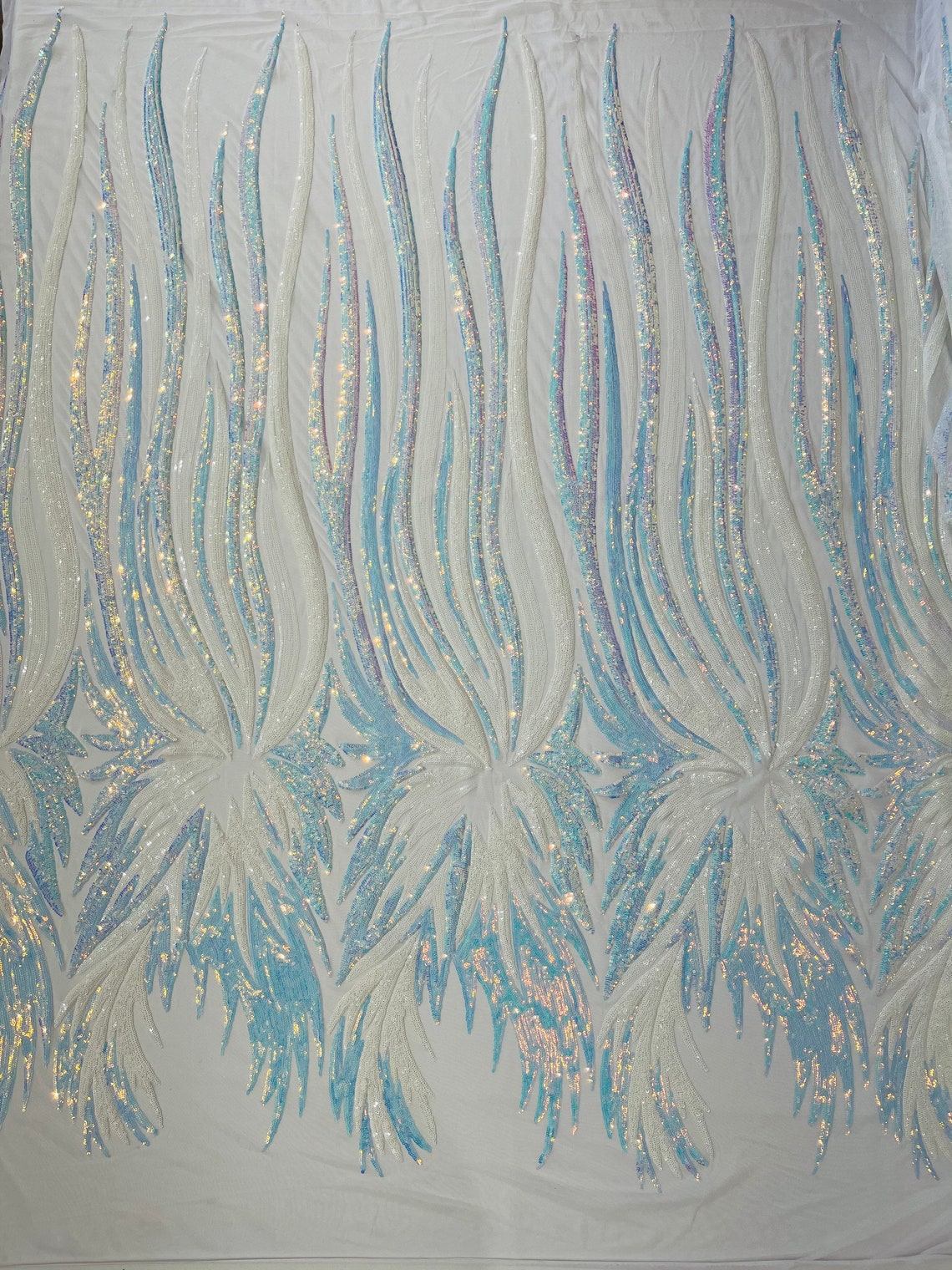 PEACOCK FEATHERS - Peacock Feathers - AQUABLUE - Fashion Design with Sequins Embroider on a 4 Way Stretch Mesh Fabric-Sold by The Yard.