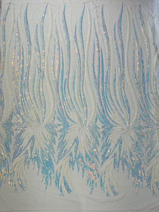 PEACOCK FEATHERS - Peacock Feathers - AQUABLUE - Fashion Design with Sequins Embroider on a 4 Way Stretch Mesh Fabric-Sold by The Yard.