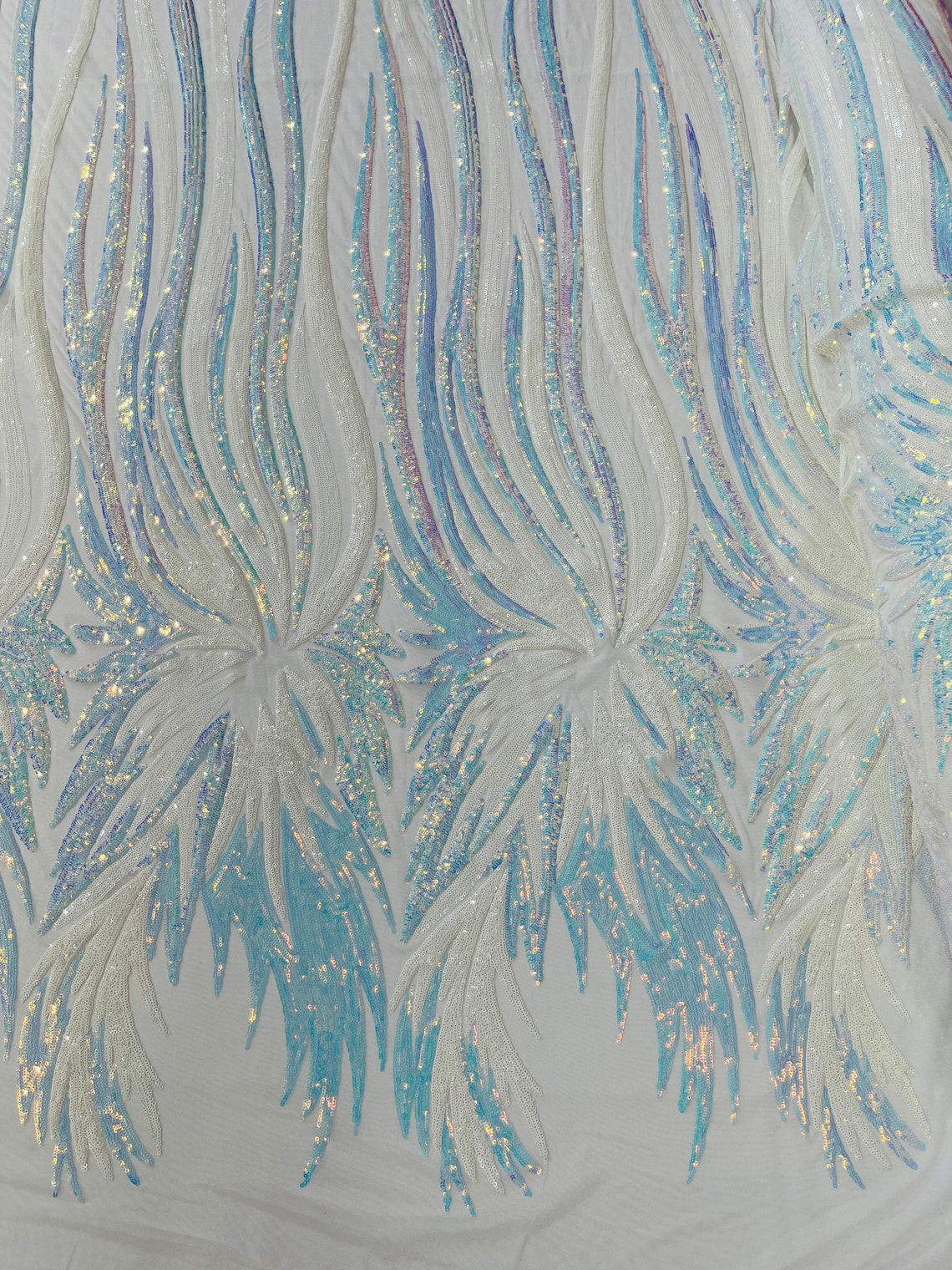 PEACOCK FEATHERS - Peacock Feathers - AQUABLUE - Fashion Design with Sequins Embroider on a 4 Way Stretch Mesh Fabric-Sold by The Yard.