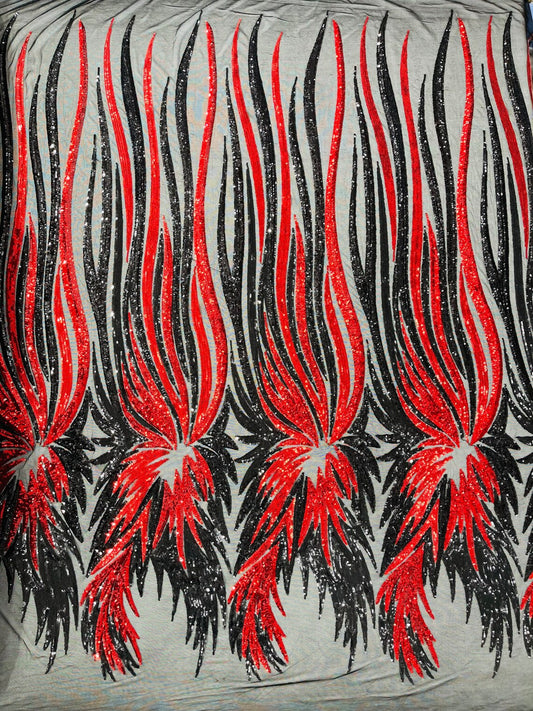 PEACOCK FEATHERS - Peacock Feathers - BLACKRED - Fashion Design with Sequins Embroider on a 4 Way Stretch Mesh Fabric-Sold by The Yard.