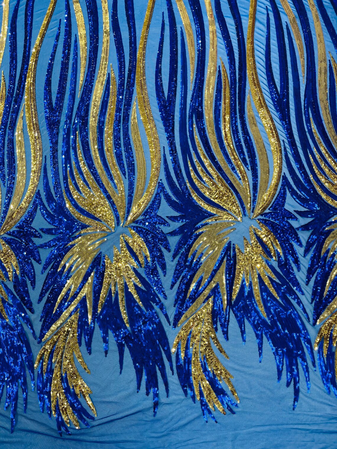 PEACOCK FEATHERS - Peacock Feathers - GOLDROYAL Fashion Design with Sequins Embroider on a 4 Way Stretch Mesh Fabric-Sold by The Yard.