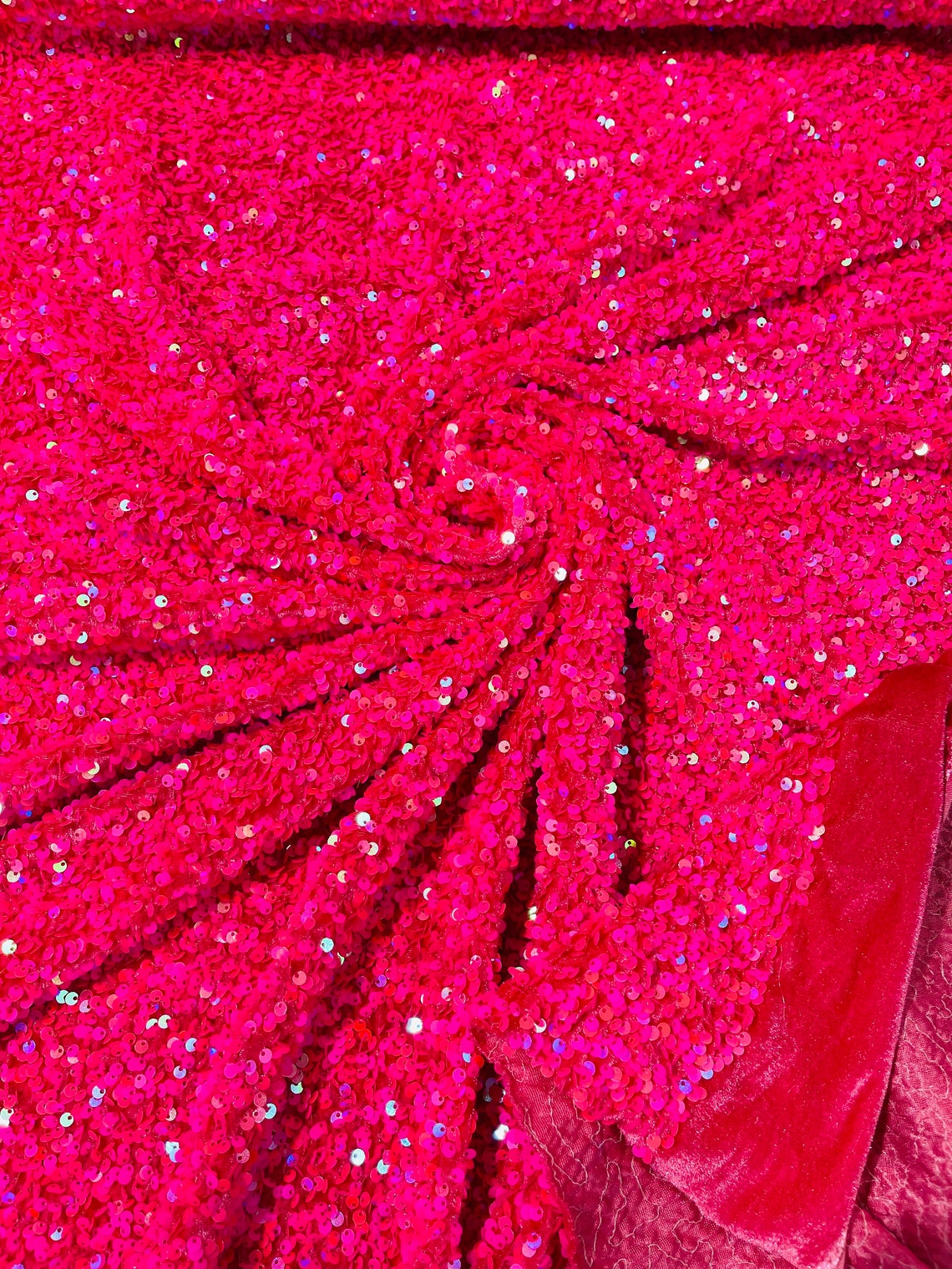 SEQUIN VELVET - Sequins on a Stretch Velvet 2-Way Stretch Sold By The Yard. HOT PINK - For Fashion Dress Evening Dress Prom Quinceanera