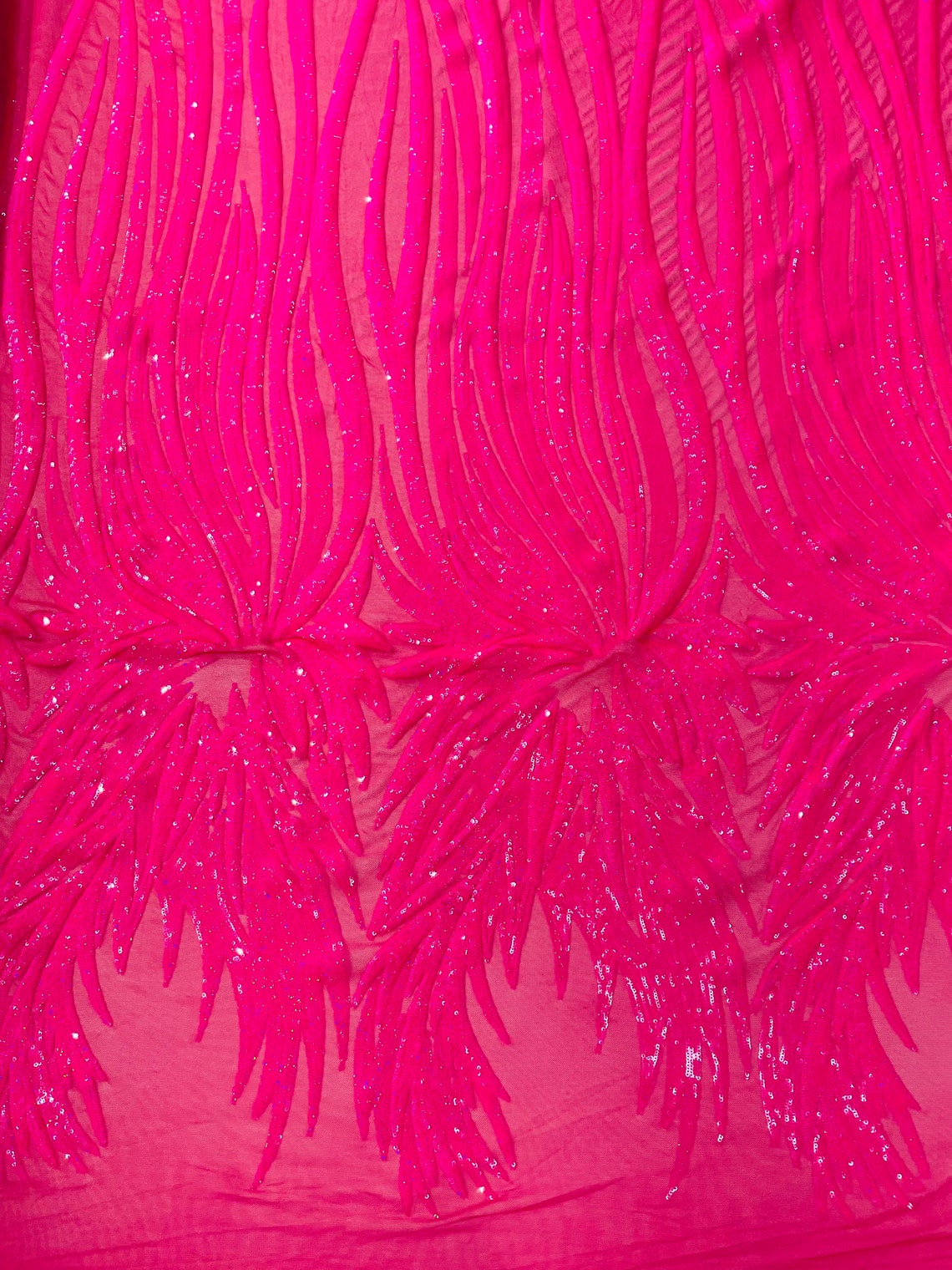 PEACOCK FEATHERS - Peacock Feathers - HOTPINK - Fashion Design with Sequins Embroider on a 4 Way Stretch Mesh Fabric-Sold by The Yard.