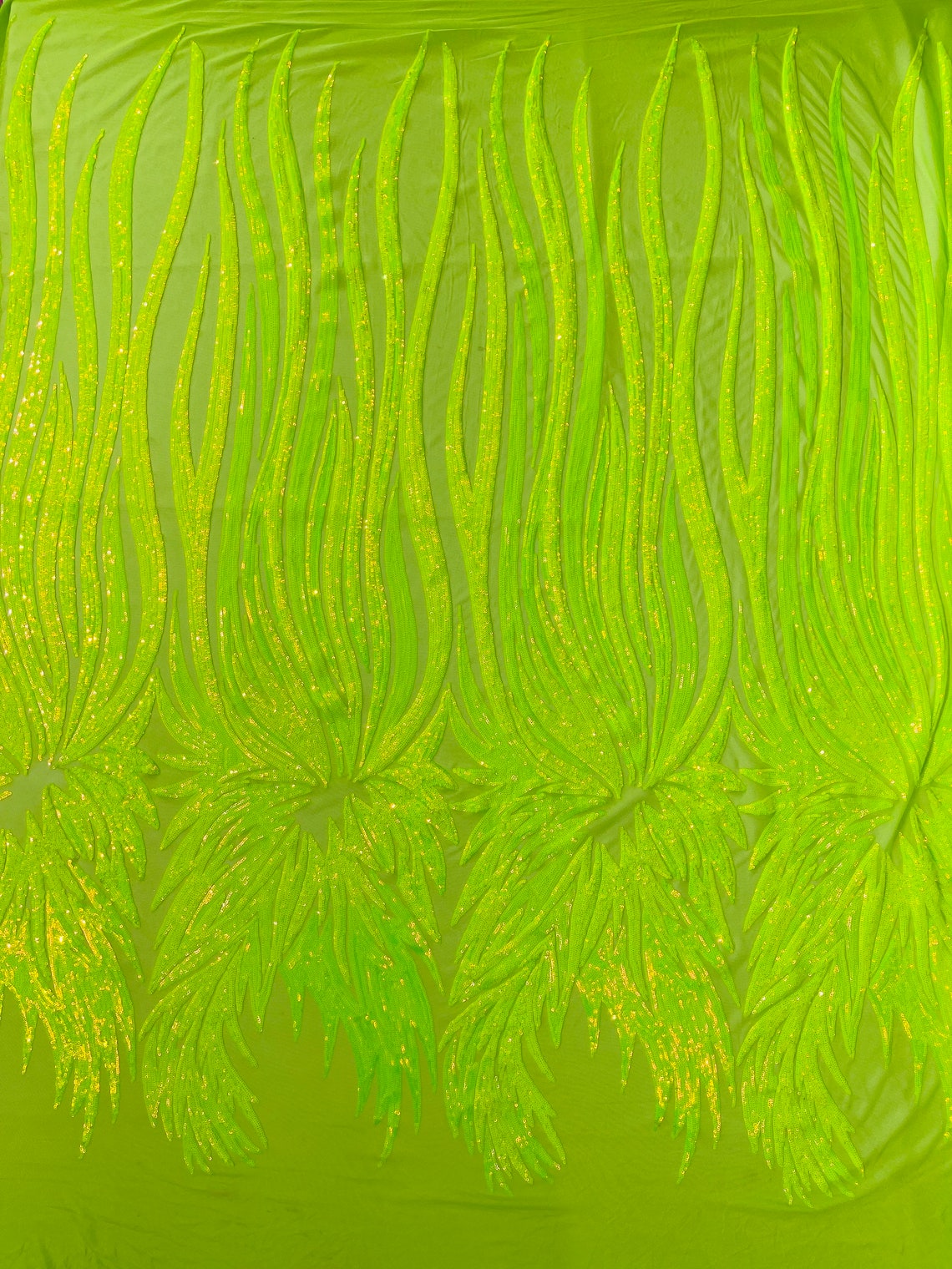 PEACOCK FEATHERS - Peacock Feathers - NEONGREEN - Fashion Design with Sequins Embroider on a 4 Way Stretch Mesh Fabric-Sold by The Yard.