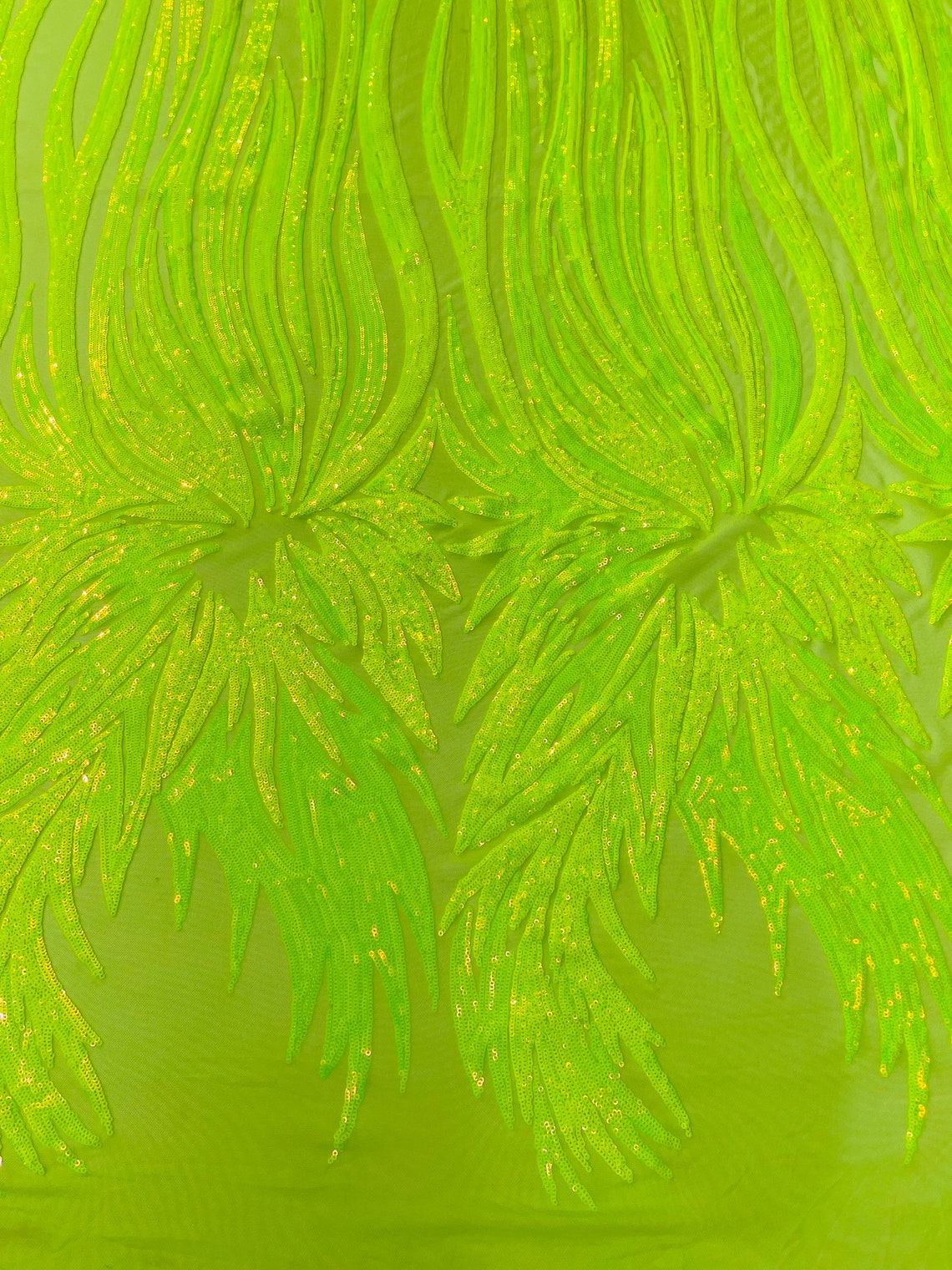 PEACOCK FEATHERS - Peacock Feathers - NEONGREEN - Fashion Design with Sequins Embroider on a 4 Way Stretch Mesh Fabric-Sold by The Yard.