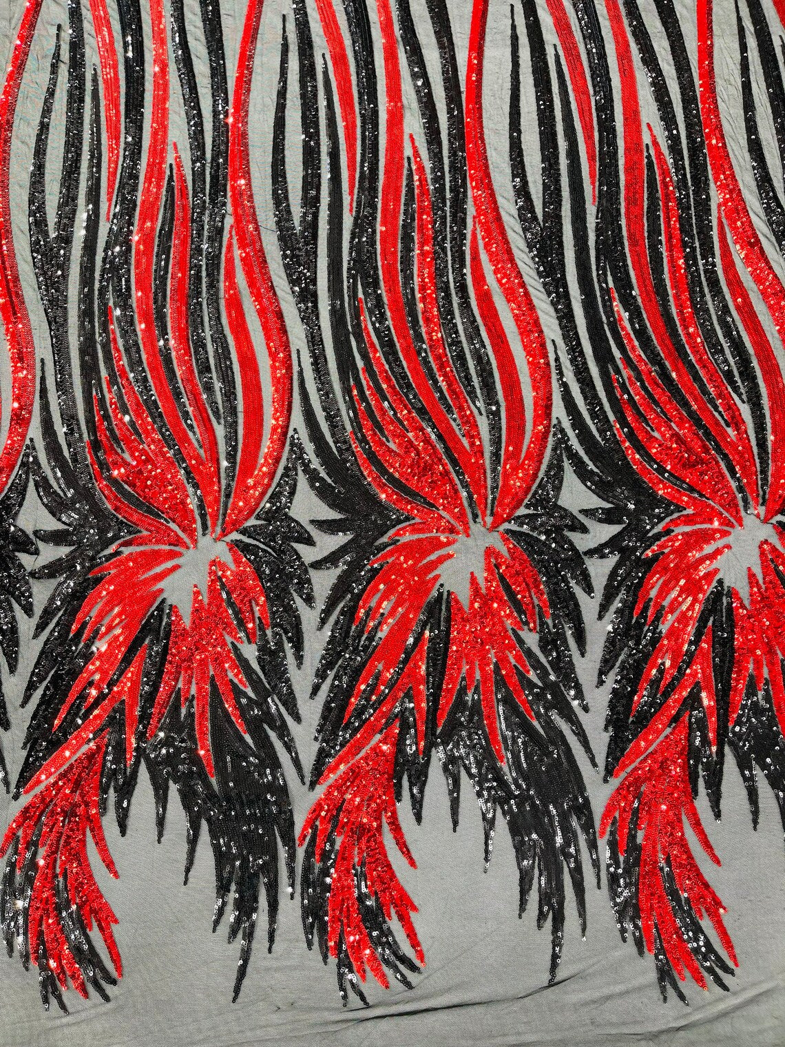 PEACOCK FEATHERS - Peacock Feathers - BLACKRED - Fashion Design with Sequins Embroider on a 4 Way Stretch Mesh Fabric-Sold by The Yard.