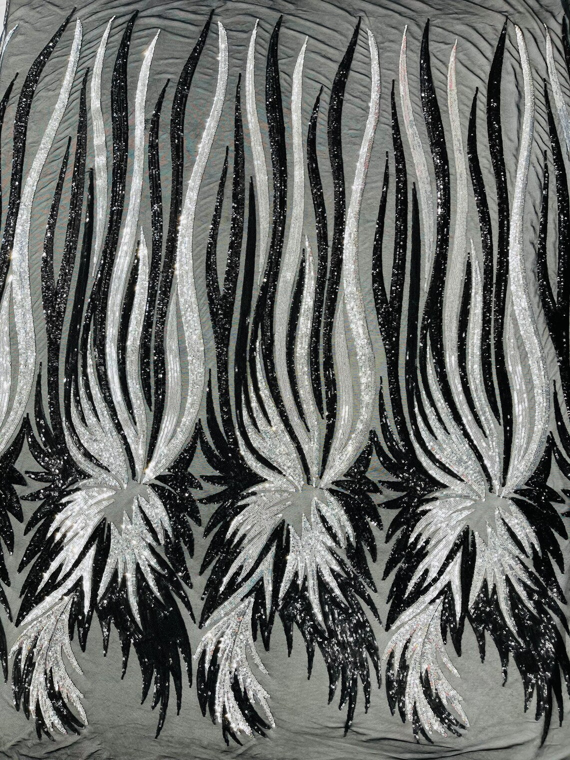 PEACOCK FEATHERS - Peacock Feathers - SILVERBLACK - Fashion Design with Sequins Embroider on a 4 Way Stretch Mesh Fabric-Sold by The Yard.