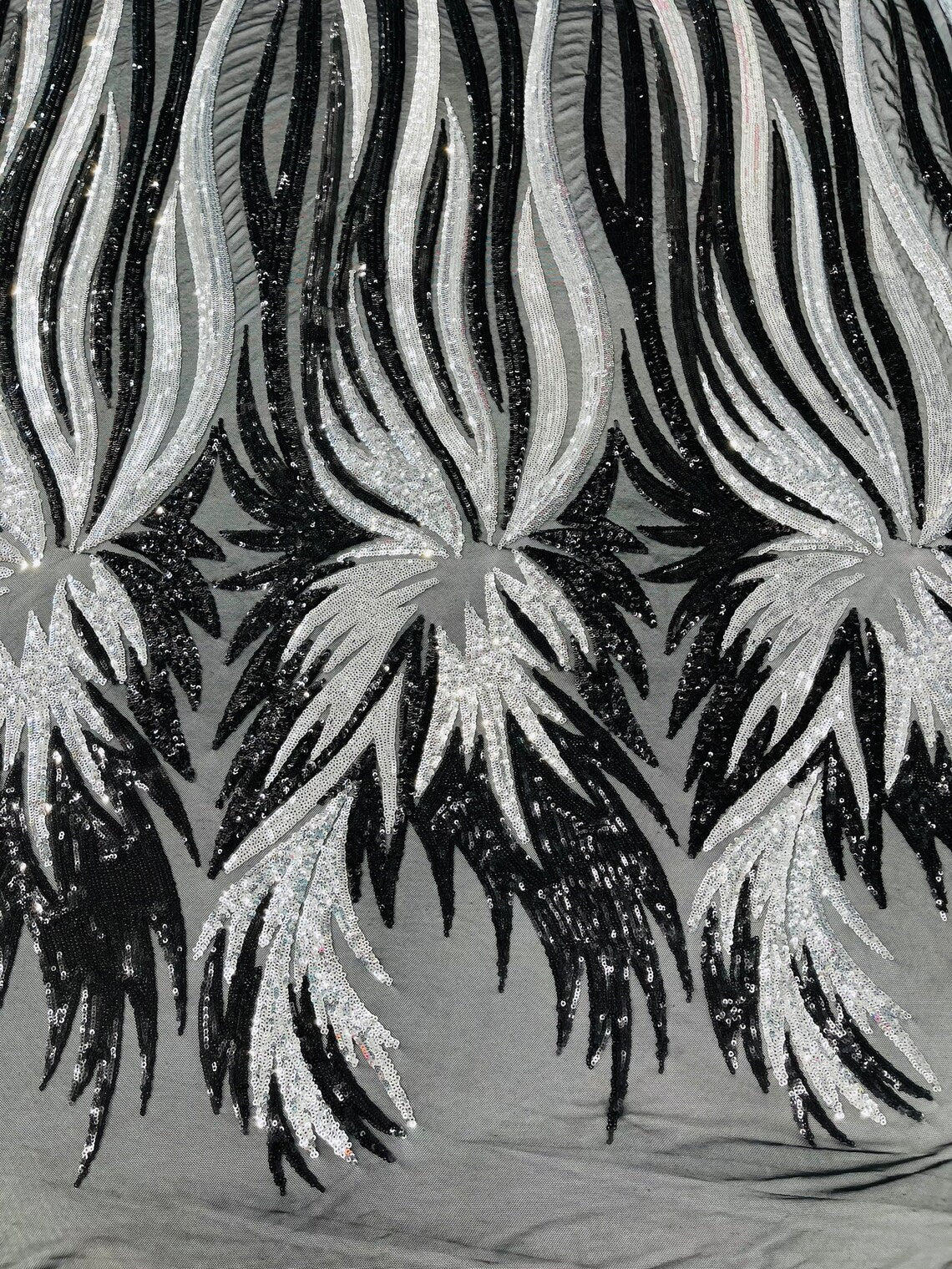 PEACOCK FEATHERS - Peacock Feathers - SILVERBLACK - Fashion Design with Sequins Embroider on a 4 Way Stretch Mesh Fabric-Sold by The Yard.