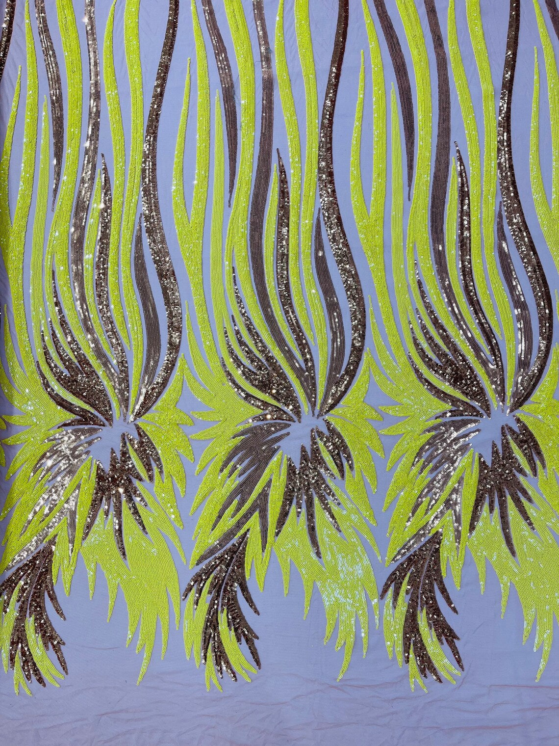 PEACOCK FEATHERS - Peacock Feathers - GOLDYELLOW - Fashion Design with Sequins Embroider on a 4 Way Stretch Mesh Fabric-Sold by The Yard.