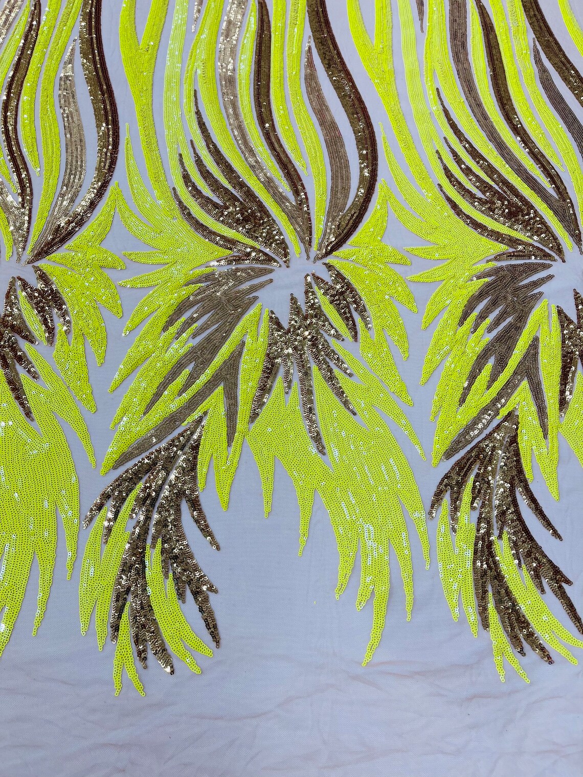 PEACOCK FEATHERS - Peacock Feathers - GOLDYELLOW - Fashion Design with Sequins Embroider on a 4 Way Stretch Mesh Fabric-Sold by The Yard.