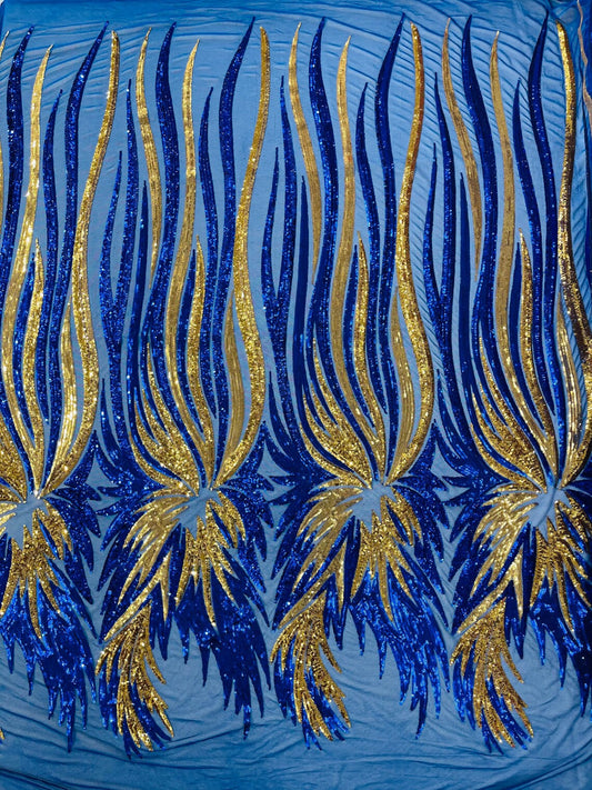 PEACOCK FEATHERS - Peacock Feathers - GOLDROYAL Fashion Design with Sequins Embroider on a 4 Way Stretch Mesh Fabric-Sold by The Yard.