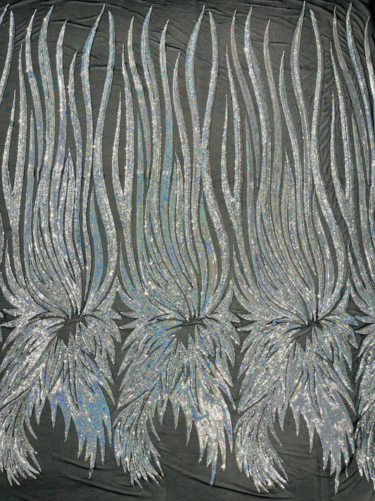 PEACOCK FEATHERS - Peacock Feathers - SILVERBLACK - Fashion Design with Sequins Embroider on a 4 Way Stretch Mesh Fabric-Sold by The Yard.