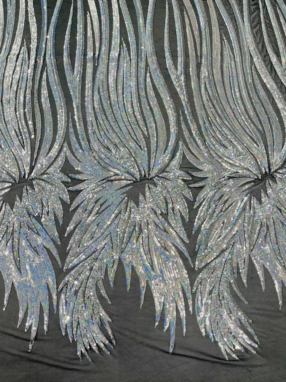 PEACOCK FEATHERS - Peacock Feathers - SILVERBLACK - Fashion Design with Sequins Embroider on a 4 Way Stretch Mesh Fabric-Sold by The Yard.