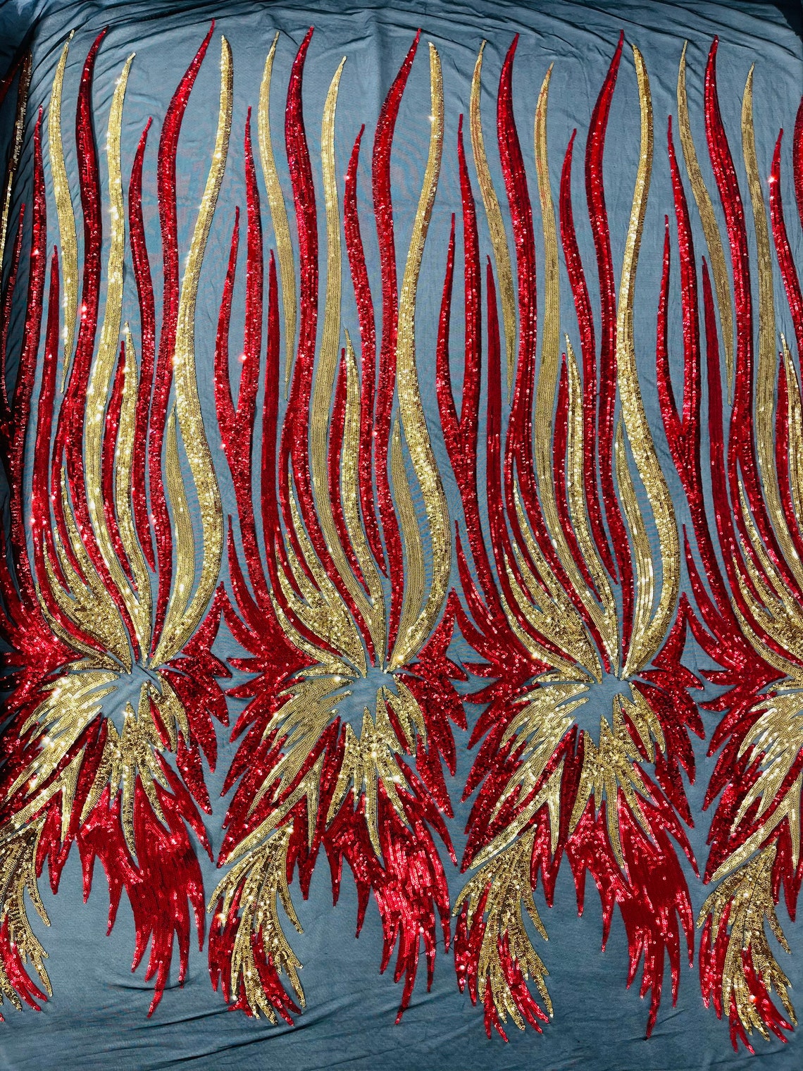 PEACOCK FEATHERS - Peacock Feathers - GOLDRED - Fashion Design with Sequins Embroider on a 4 Way Stretch Mesh Fabric-Sold by The Yard.