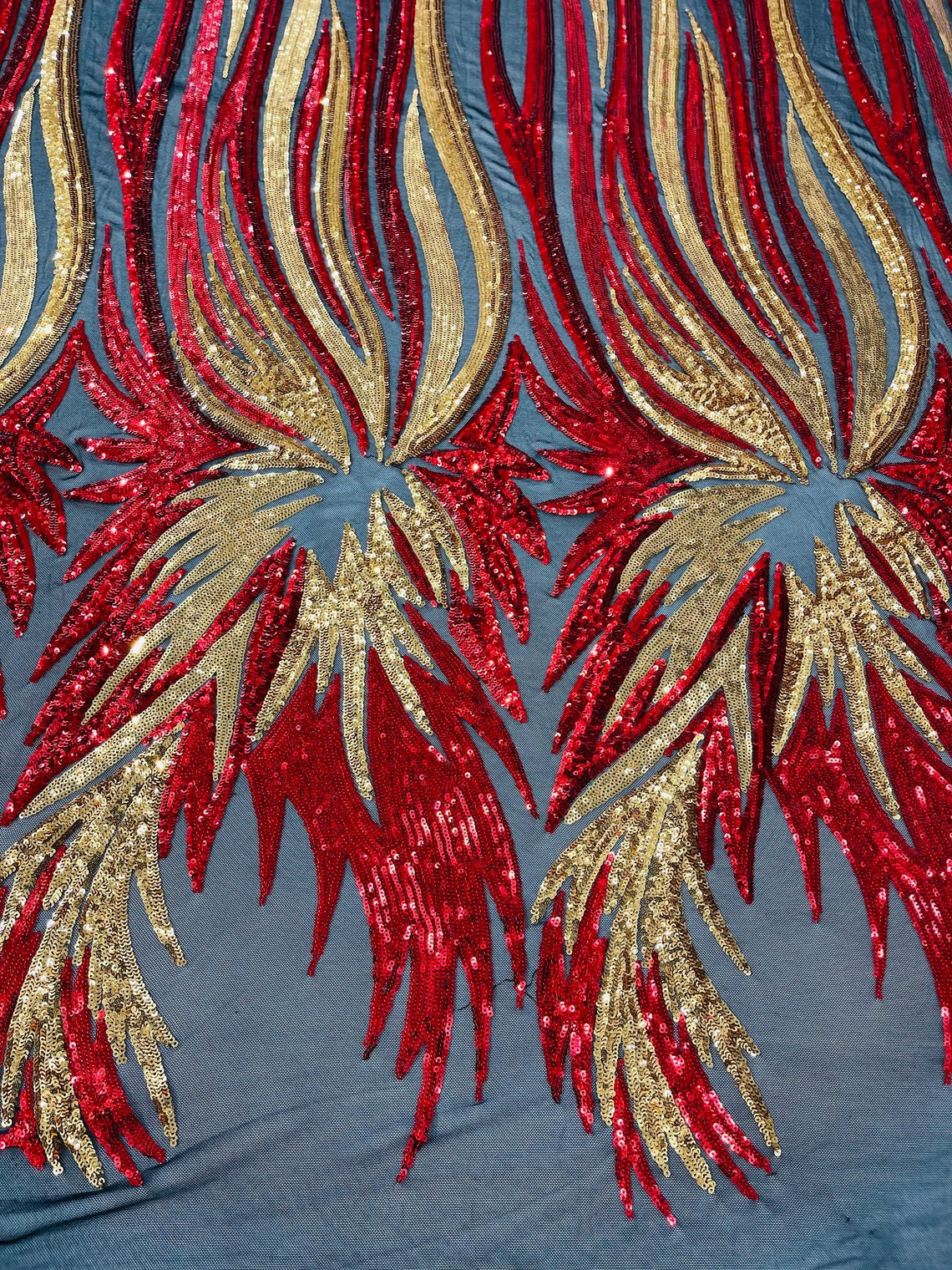 PEACOCK FEATHERS - Peacock Feathers - GOLDRED - Fashion Design with Sequins Embroider on a 4 Way Stretch Mesh Fabric-Sold by The Yard.