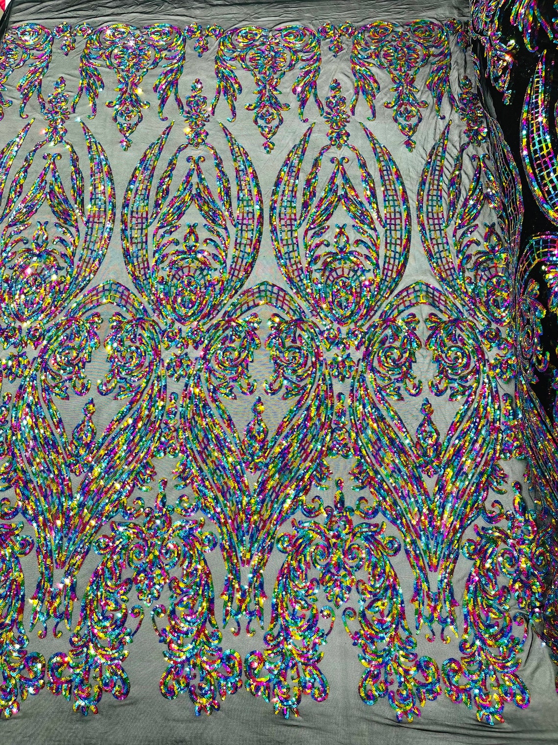 Luxury Fashion - BLACK RAINBOW - Design with Sequins Embroider on a 4 Way Stretch Mesh Fabric-Sold by The Yard.