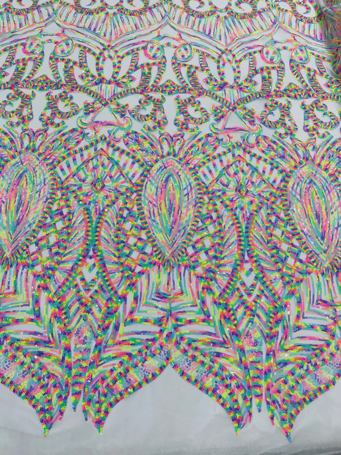 RAINBOW WHITE - Mermaid Fashion Design with Sequins Embroider on a 4 Way Stretch Mesh Fabric-Sold by The Yard.