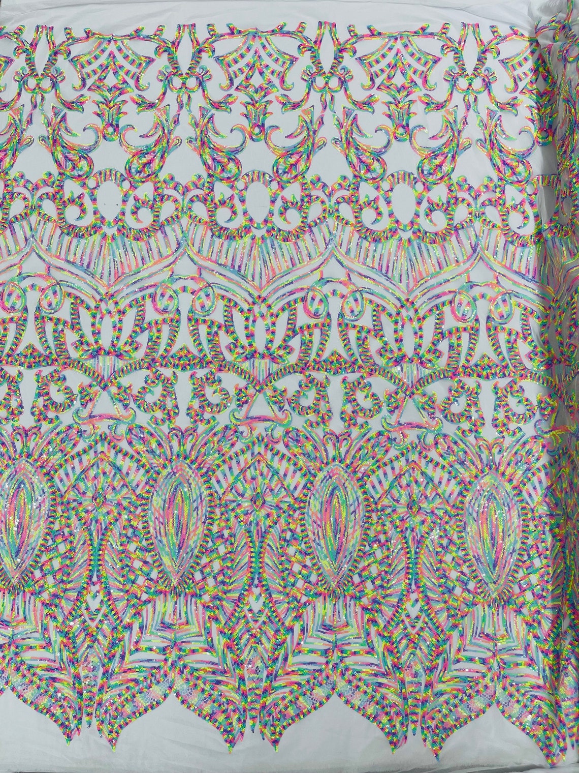 RAINBOW WHITE - Mermaid Fashion Design with Sequins Embroider on a 4 Way Stretch Mesh Fabric-Sold by The Yard.