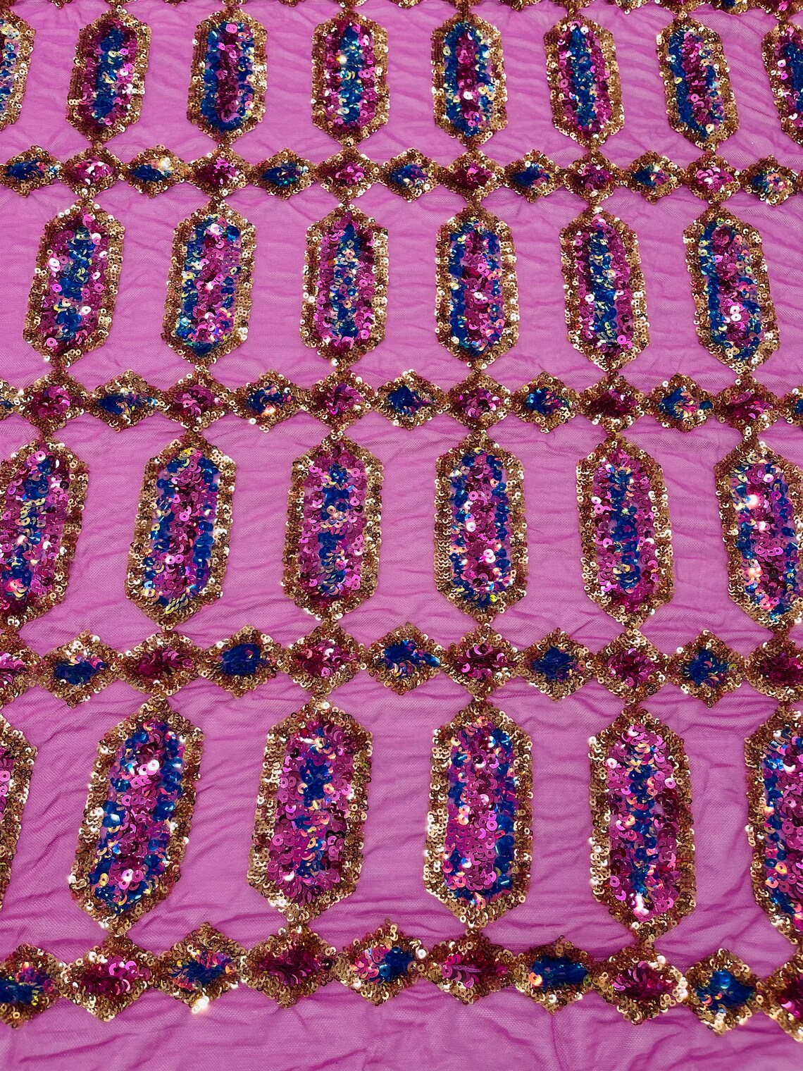 Geometric Luxury Fashion Design with Sequins Embroider on a 4 Way Stretch Mesh Fabric-Sold by The Yard. Fuchsia/Gold