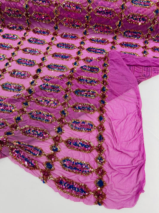 Geometric Luxury Fashion Design with Sequins Embroider on a 4 Way Stretch Mesh Fabric-Sold by The Yard. Fuchsia/Gold