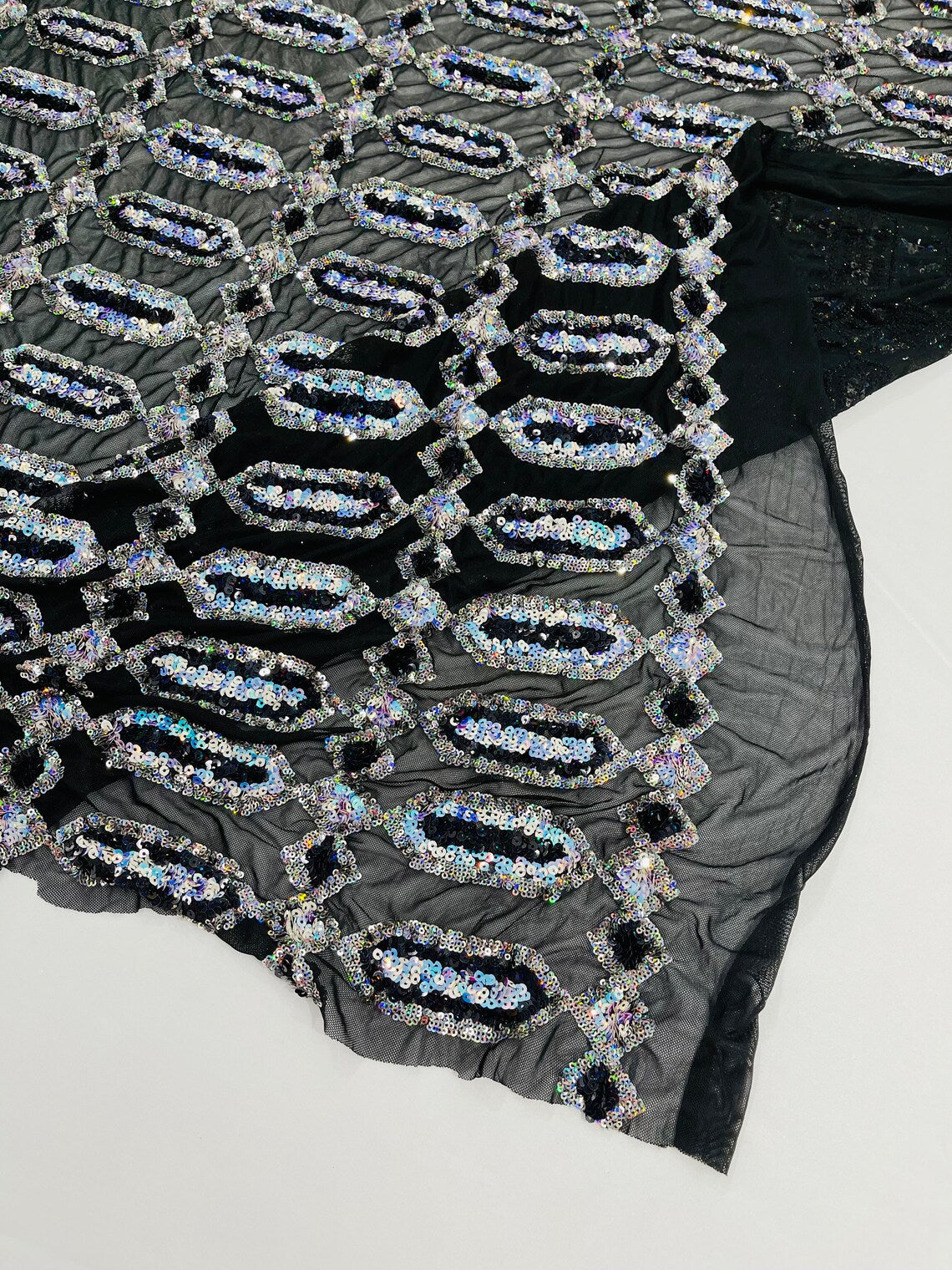 Geometric Luxury Fashion Design with Sequins Embroider on a 4 Way Stretch Mesh Fabric-Sold by The Yard. Aqua/Silver