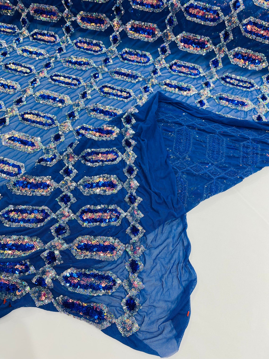 Geometric Luxury Fashion Design with Sequins Embroider on a 4 Way Stretch Mesh Fabric-Sold by The Yard. Royal Blue/Silver