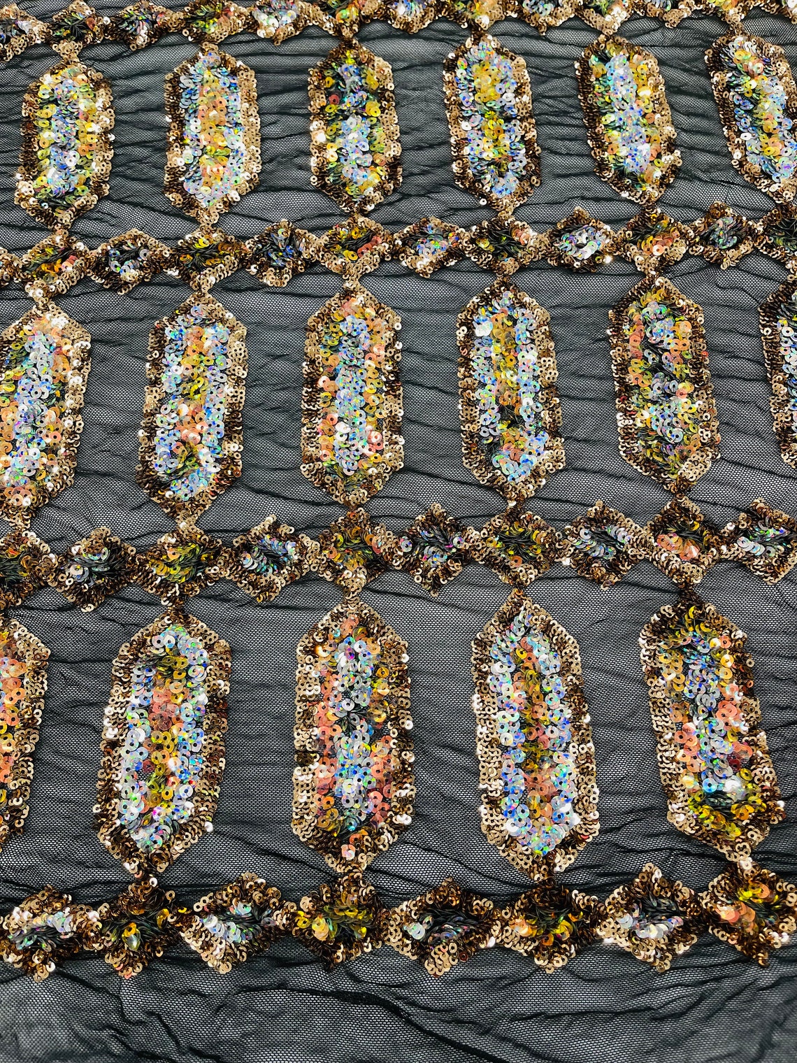 Geometric Luxury Fashion Design with Sequins Embroider on a 4 Way Stretch Mesh Fabric-Sold by The Yard. Gold/Silver