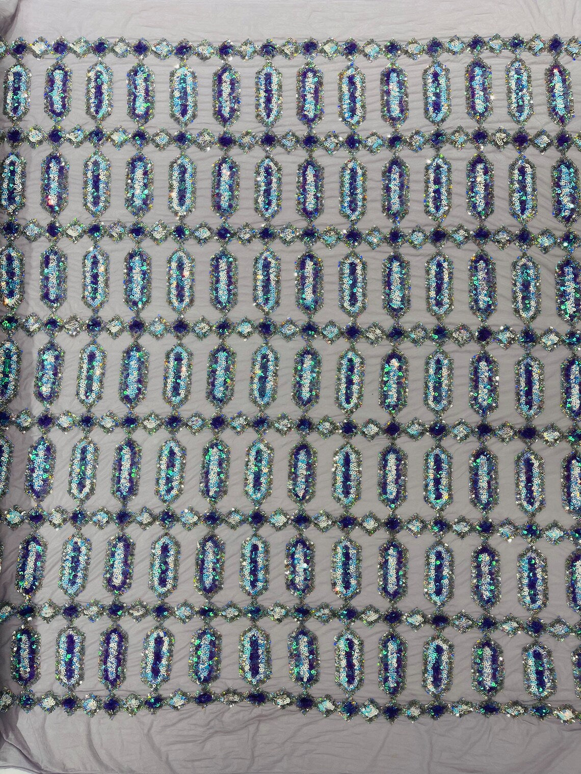 Geometric Luxury Fashion Design with Sequins Embroider on a 4 Way Stretch Mesh Fabric-Sold by The Yard. Lilac/Aqua