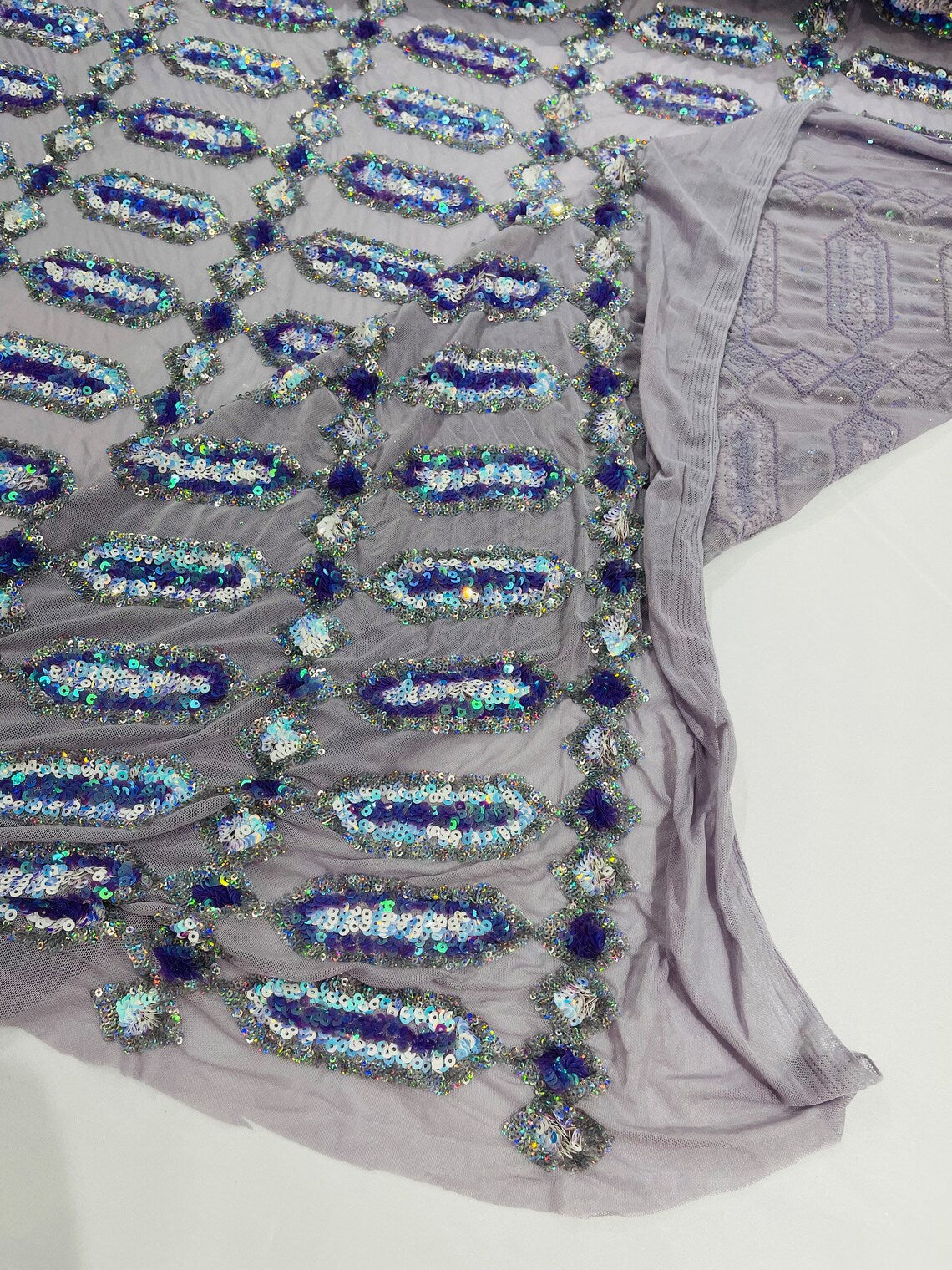 Geometric Luxury Fashion Design with Sequins Embroider on a 4 Way Stretch Mesh Fabric-Sold by The Yard. Lilac/Aqua