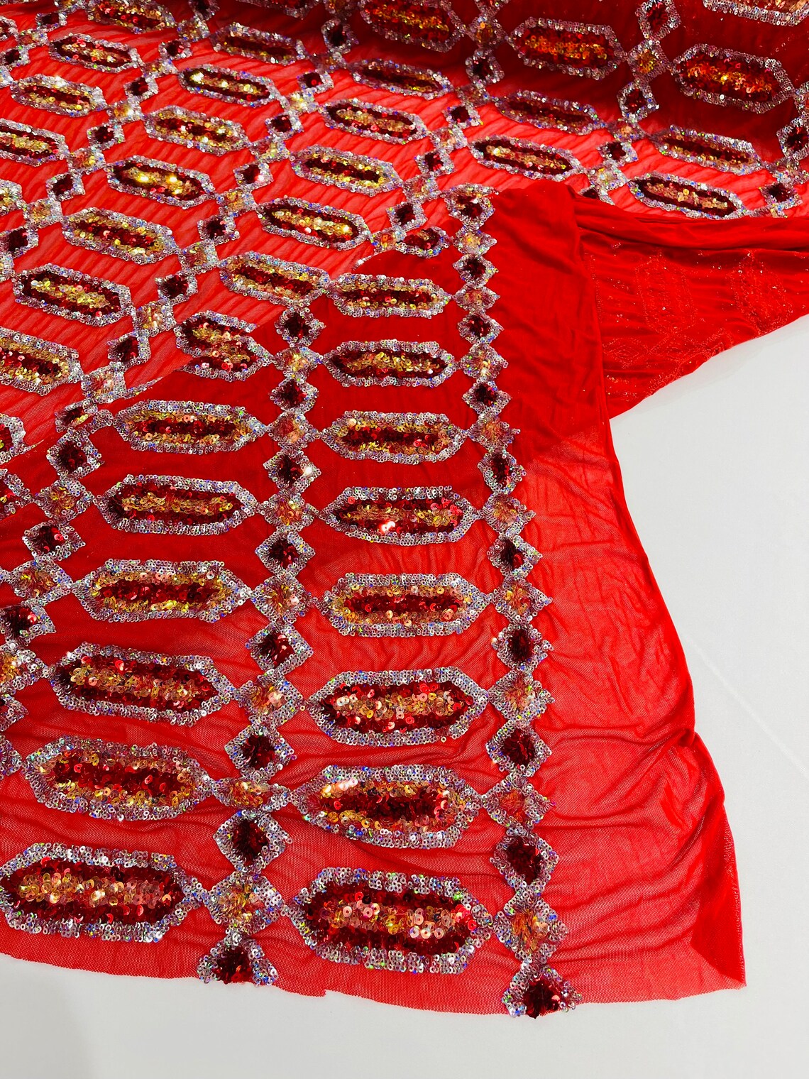 Geometric Luxury Fashion Design with Sequins Embroider on a 4 Way Stretch Mesh Fabric-Sold by The Yard. Red /Silver