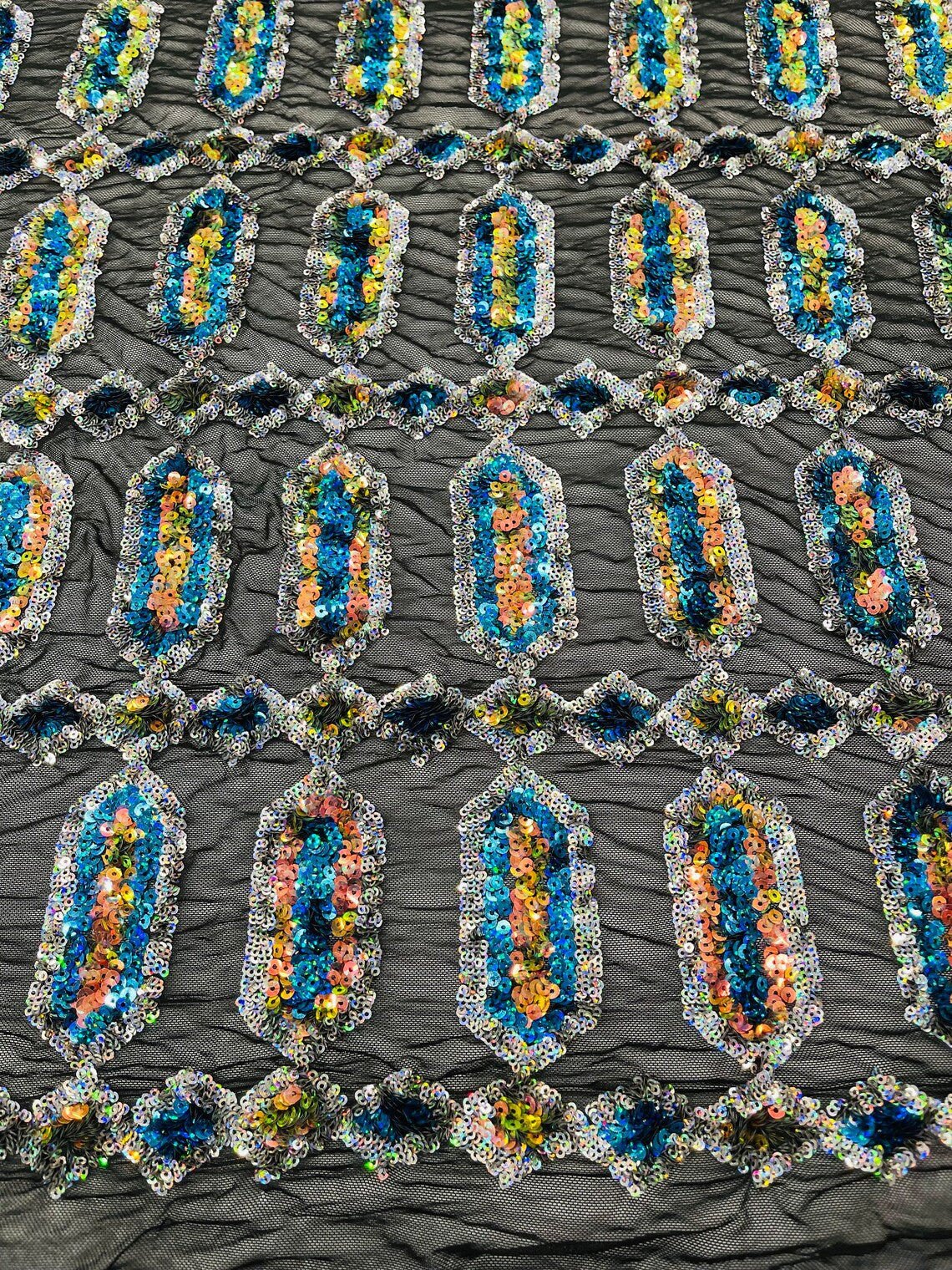 Geometric Luxury Fashion Design with Sequins Embroider on a 4 Way Stretch Mesh Fabric-Sold by The Yard. Turquoise/Silver