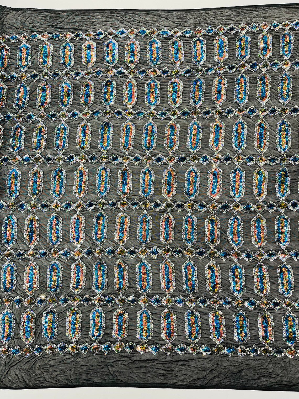 Geometric Luxury Fashion Design with Sequins Embroider on a 4 Way Stretch Mesh Fabric-Sold by The Yard. Turquoise/Silver