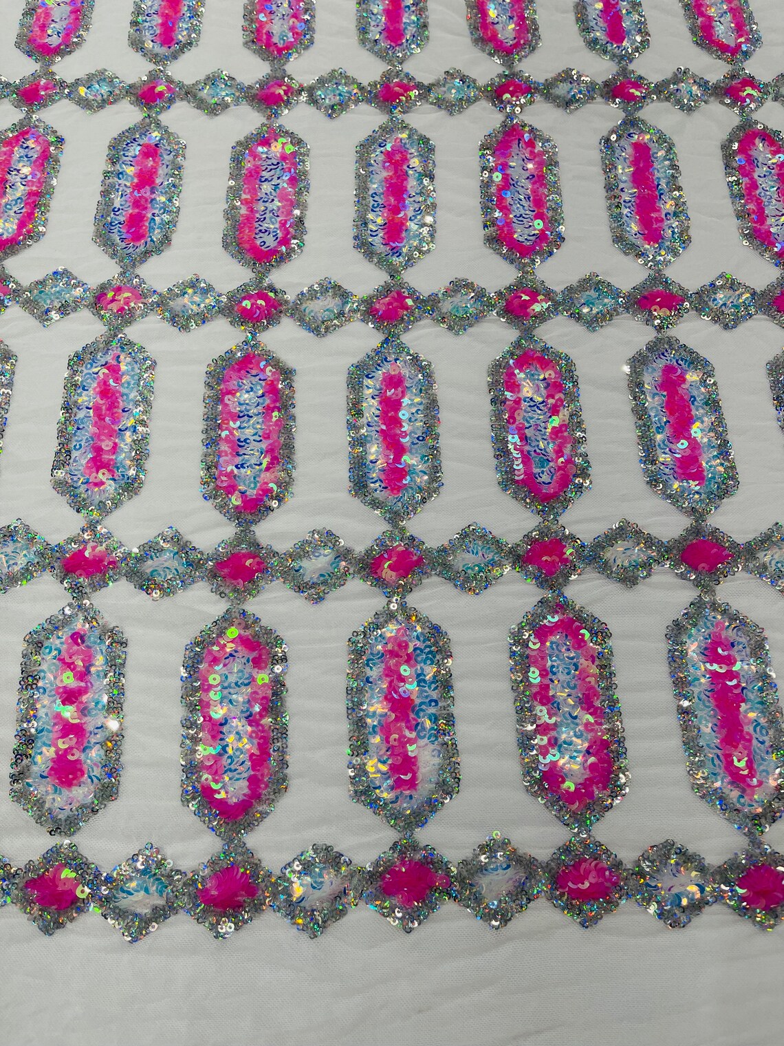 Geometric Luxury Fashion Design with Sequins Embroider on a White 4 Way Stretch Mesh Fabric-Sold by The Yard. Candy Pink /Silver