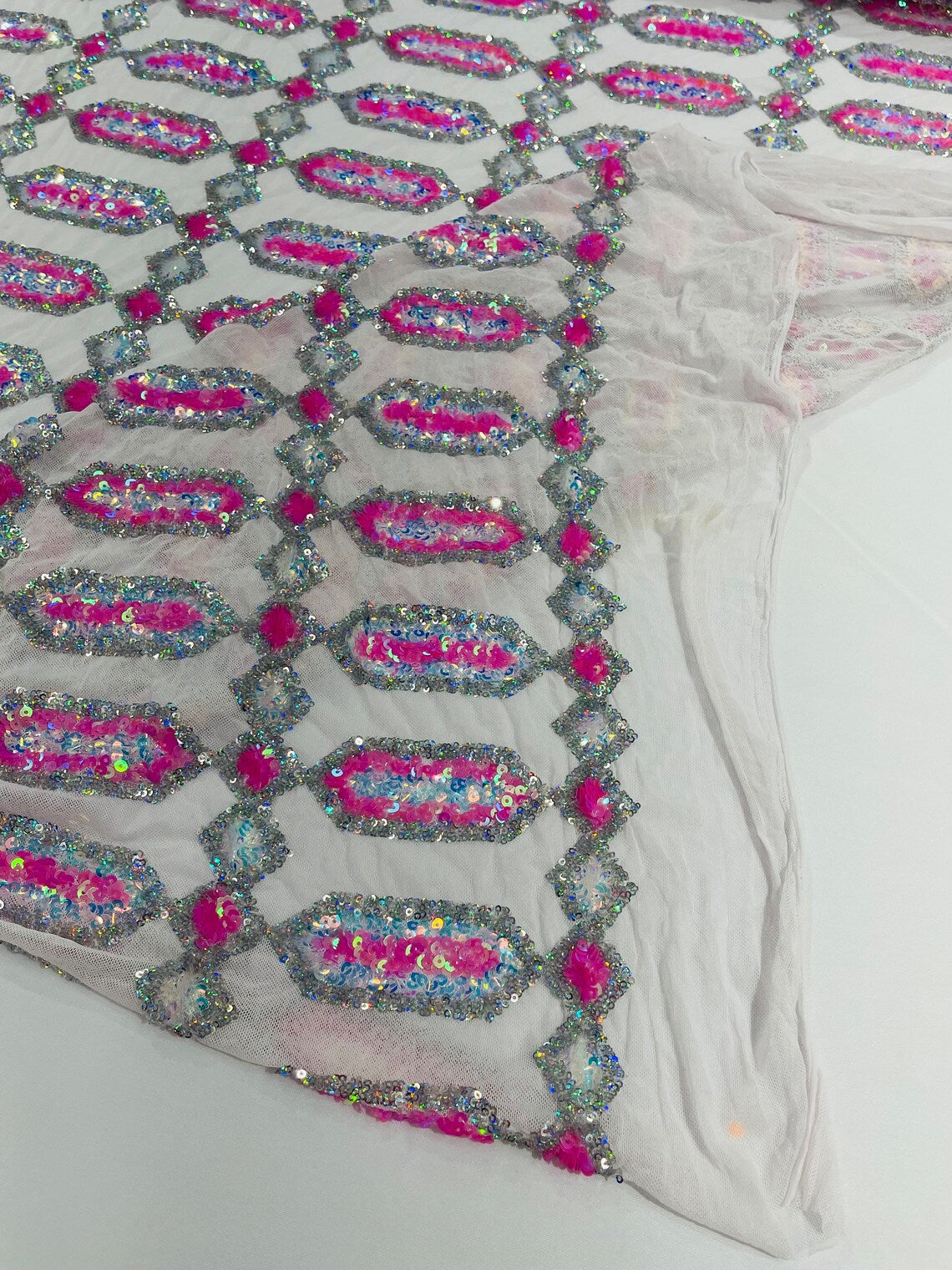 Geometric Luxury Fashion Design with Sequins Embroider on a White 4 Way Stretch Mesh Fabric-Sold by The Yard. Candy Pink /Silver