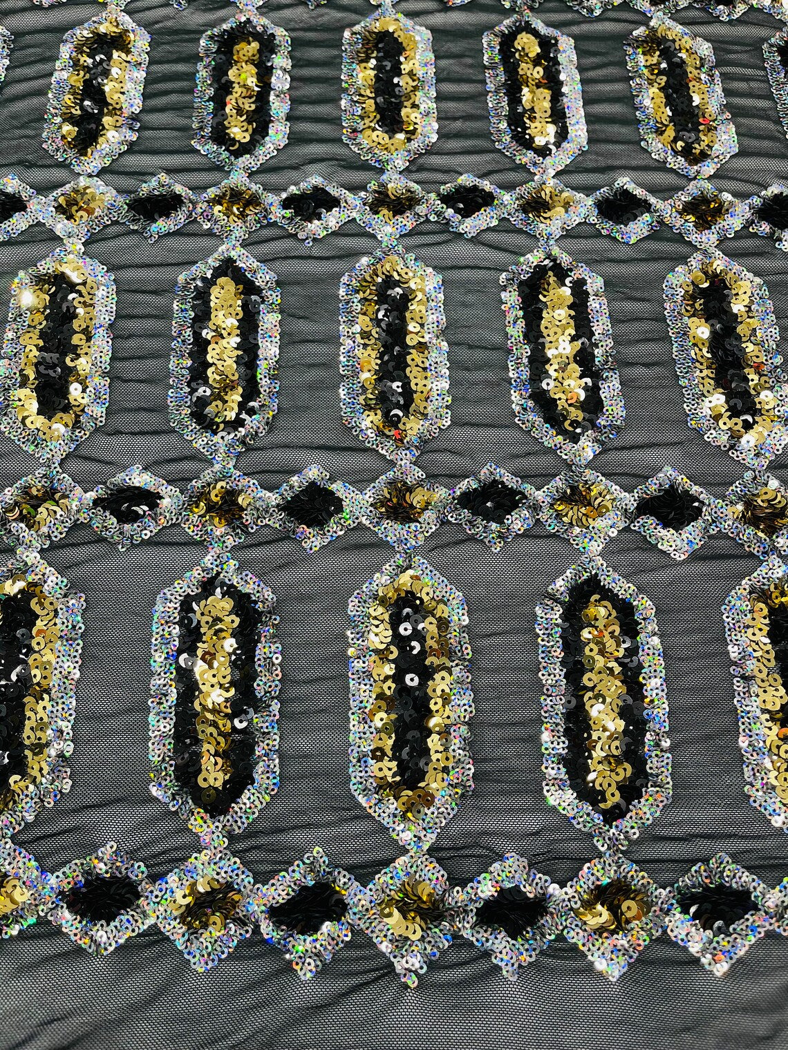 Geometric Luxury Fashion Design with Sequins Embroider on a 4 Way Stretch Mesh Fabric-Sold by The Yard. Olive Green/Silver