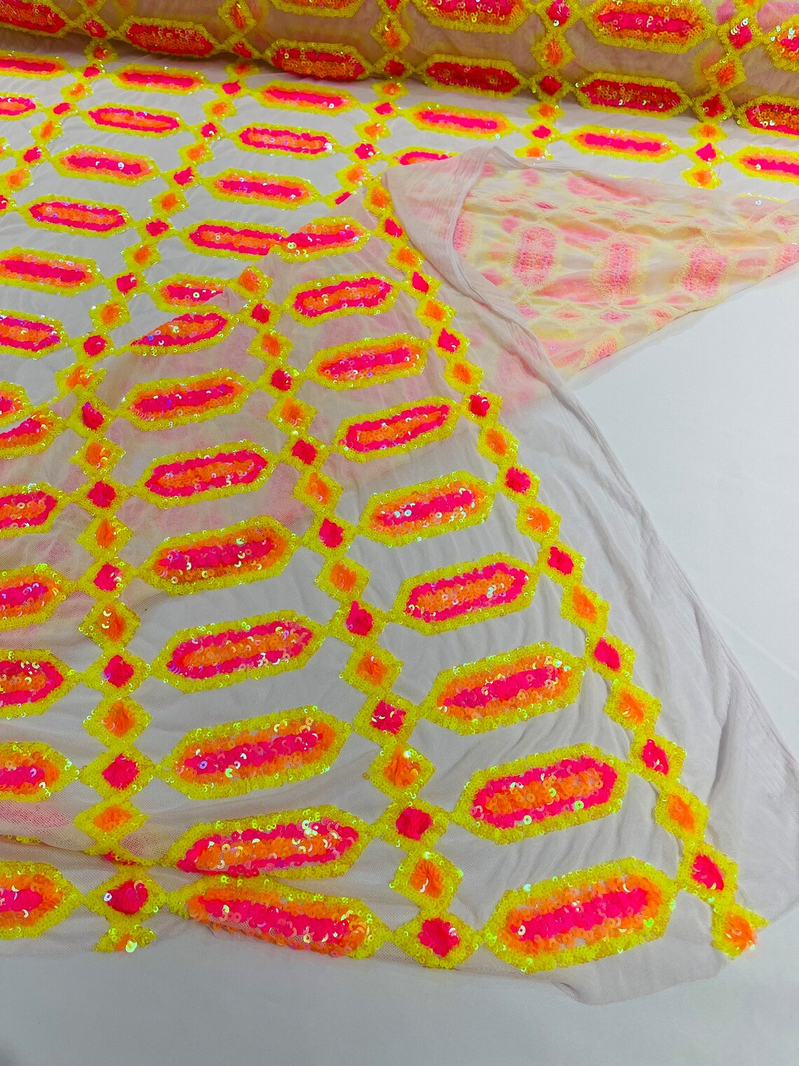 Geometric Luxury Fashion Design with Sequins Embroider on a White 4 Way Stretch Mesh Fabric-Sold by The Yard. Neon Yellow/Neon Pink